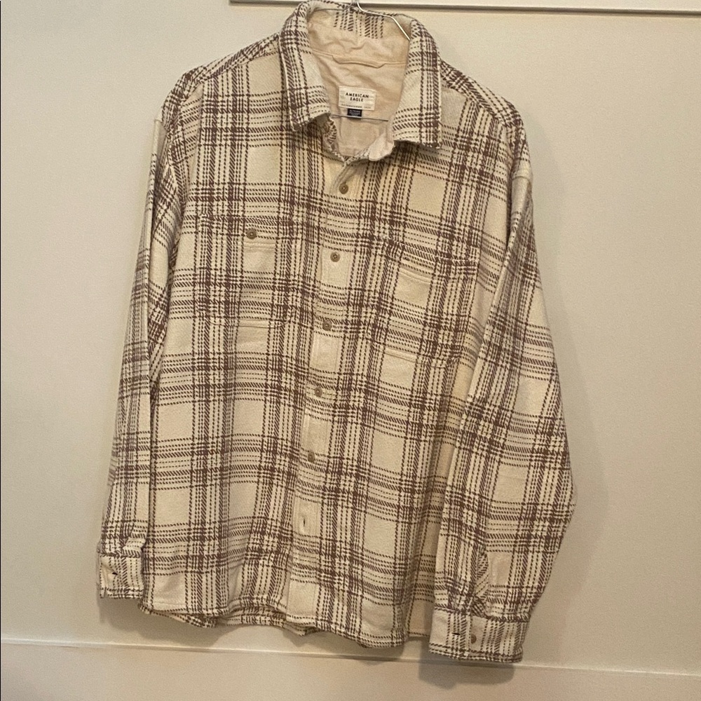 American Eagle Outfitters Plaid Button Down Shirt - Cream and Brown